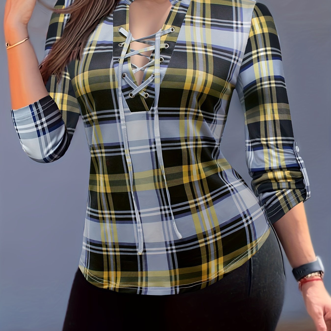 Plaid Print Drawstring Blouse, Casual Long Sleeve V Neck Blouse, Women's Clothing - Image 13