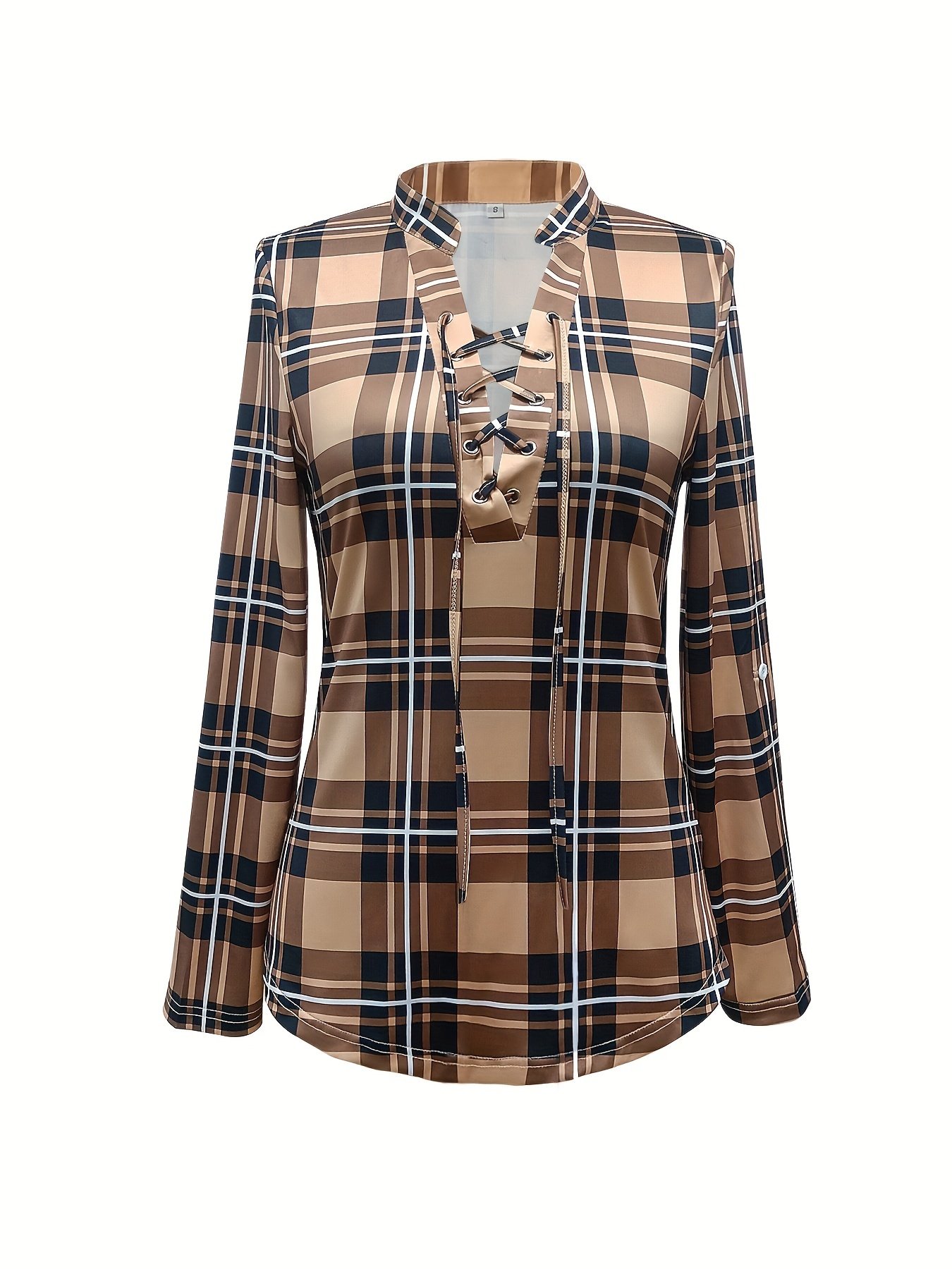 Plaid Print Drawstring Blouse, Casual Long Sleeve V Neck Blouse, Women's Clothing - Image 8