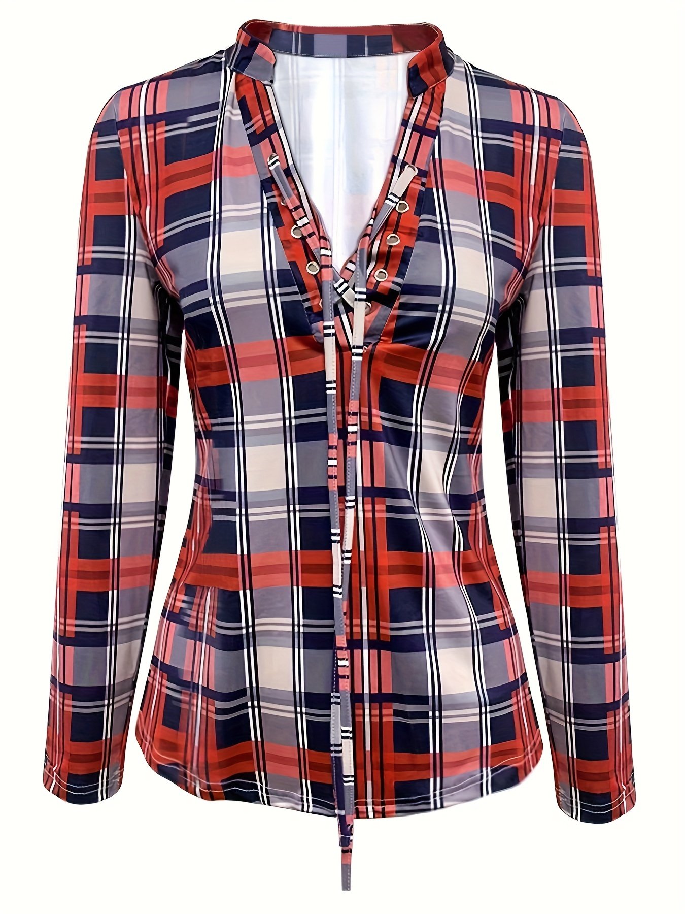Plaid Print Drawstring Blouse, Casual Long Sleeve V Neck Blouse, Women's Clothing - Image 9