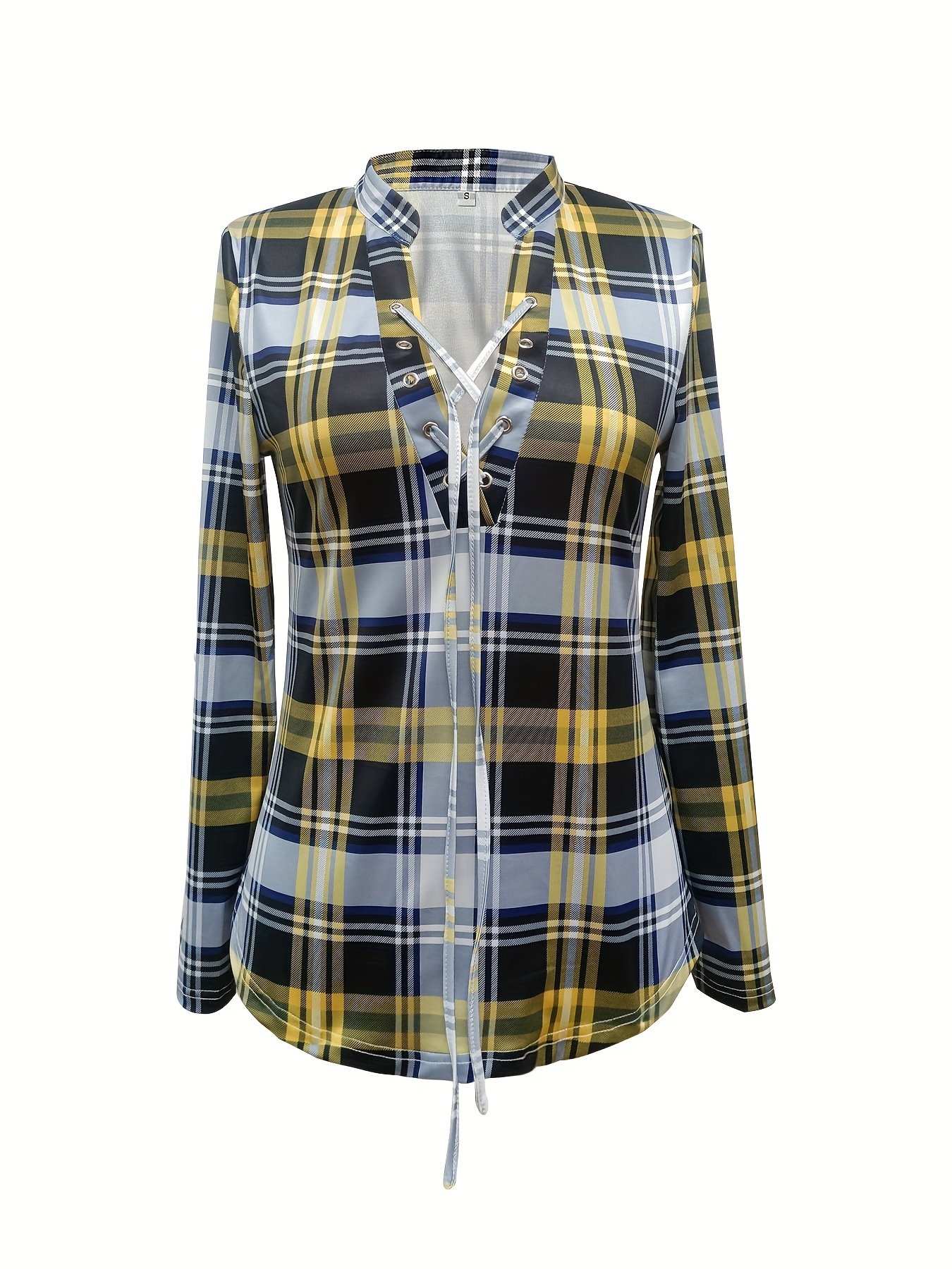 Plaid Print Drawstring Blouse, Casual Long Sleeve V Neck Blouse, Women's Clothing - Image 7