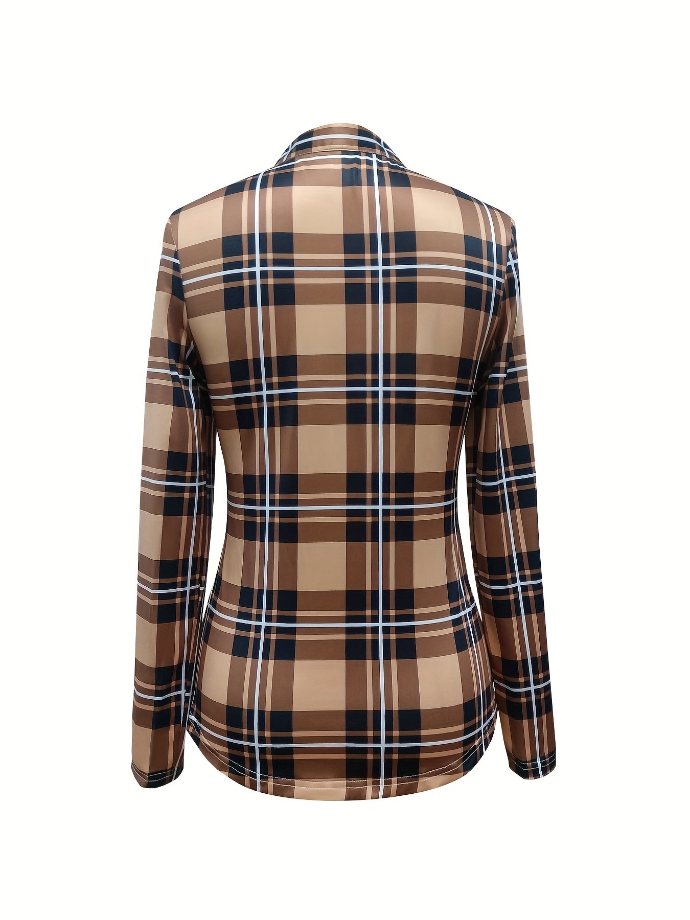 Plaid Print Drawstring Blouse, Casual Long Sleeve V Neck Blouse, Women's Clothing - Image 5