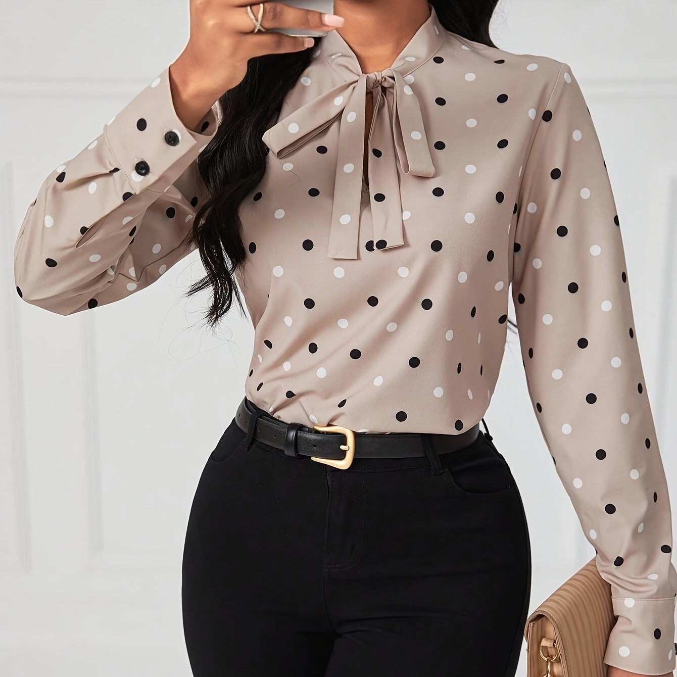 Polka-dot Print Tie Neck Blouse, Elegant Long Sleeve Top For Spring & Fall, Women's Clothing - Image 7
