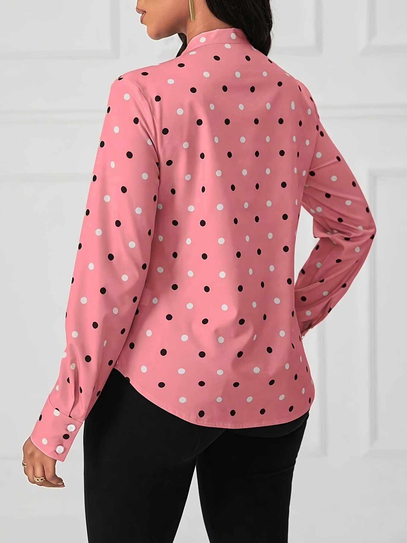 Polka-dot Print Tie Neck Blouse, Elegant Long Sleeve Top For Spring & Fall, Women's Clothing - Image 2