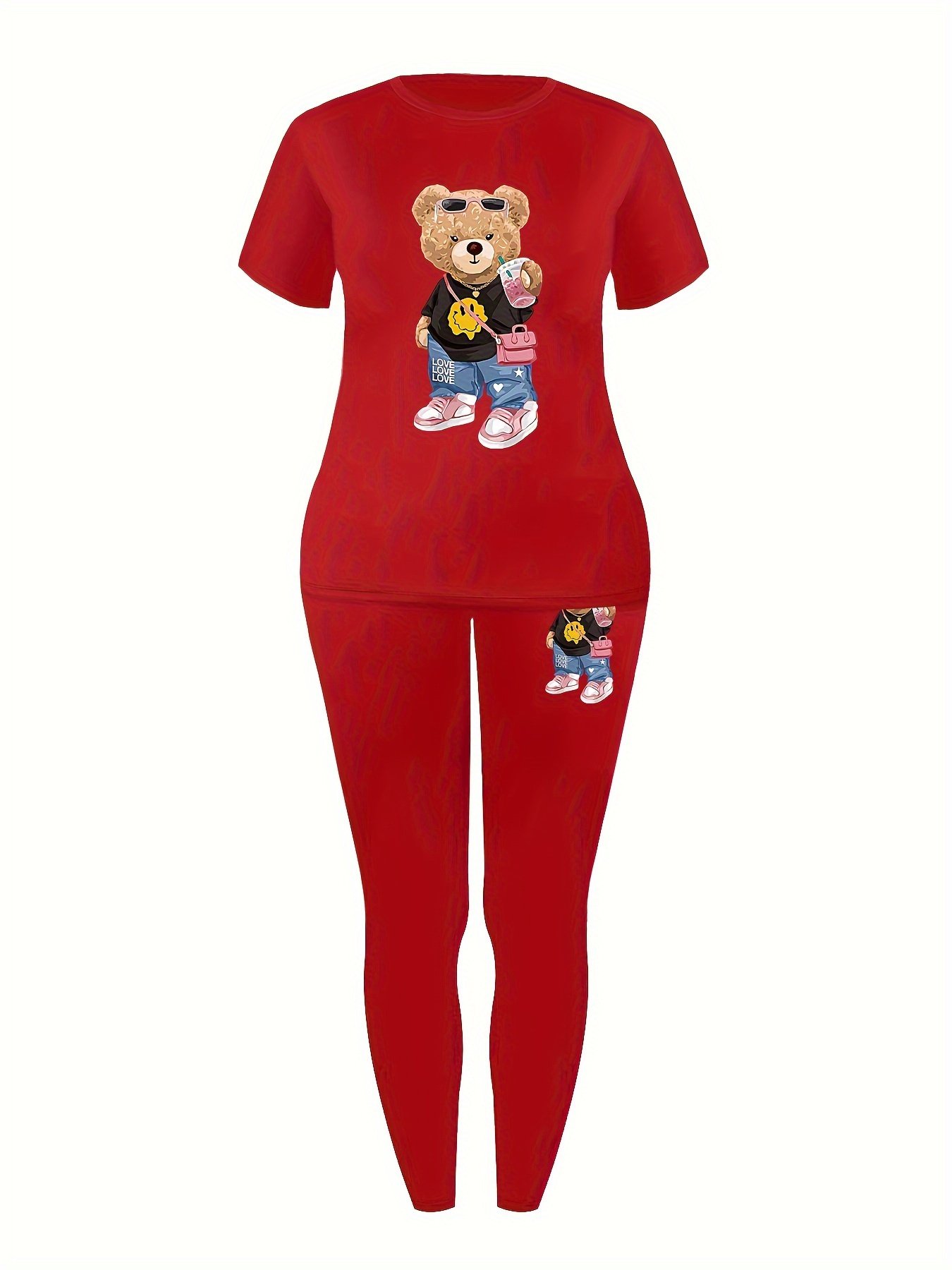 Casual Teddy Bear Print Two-piece, Crew Neck Short Sleeve T-shirt & Skinny Leggings Outfits, Women's Clothing - Image 4