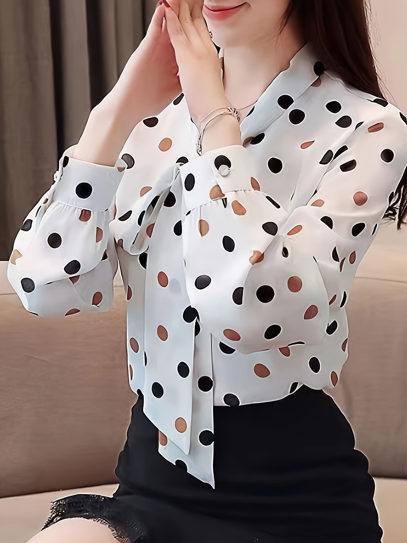 Polka-dot Print Tie Neck Blouse, Casual Long Sleeve Top For Spring & Fall, Women's Clothing