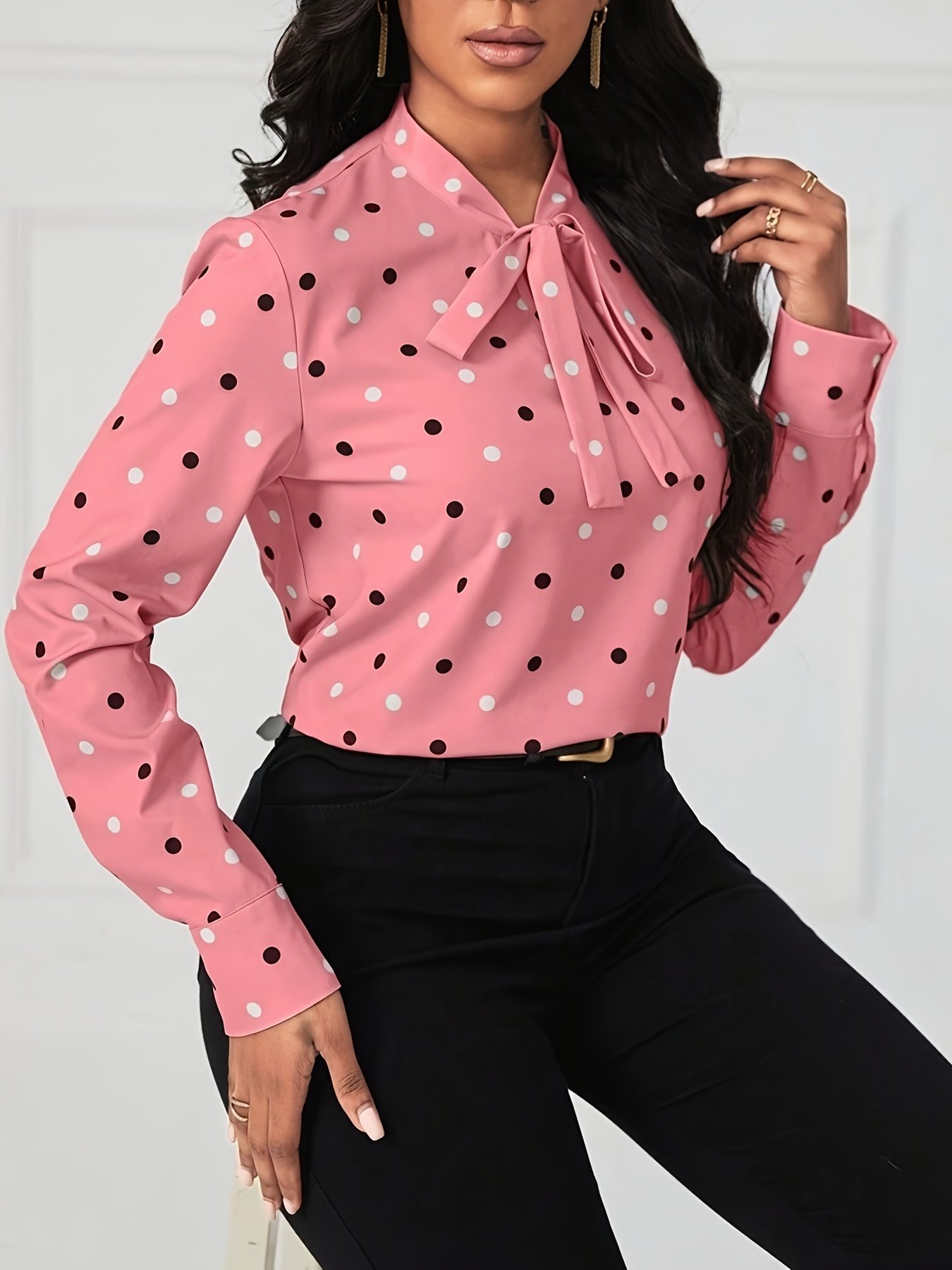Polka-dot Print Tie Neck Blouse, Elegant Long Sleeve Top For Spring & Fall, Women's Clothing - Image 4