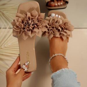 Chic Plus Size Women's Slide Sandals - Comfy Open Toe with Cute Floral Design, Square Toe Flat Sole, Fashionable Summer Beach Shoes