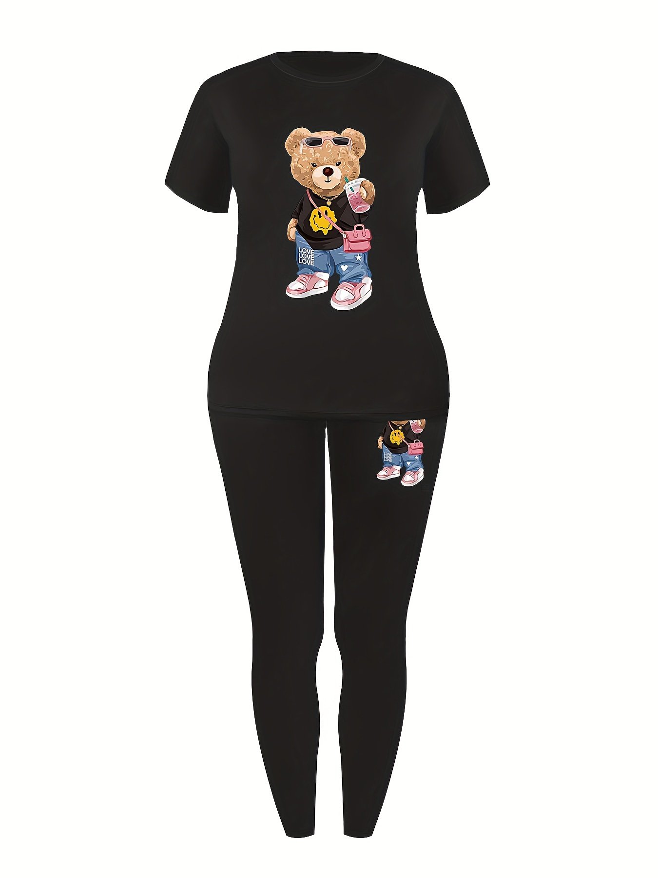 Casual Teddy Bear Print Two-piece, Crew Neck Short Sleeve T-shirt & Skinny Leggings Outfits, Women's Clothing - Image 6