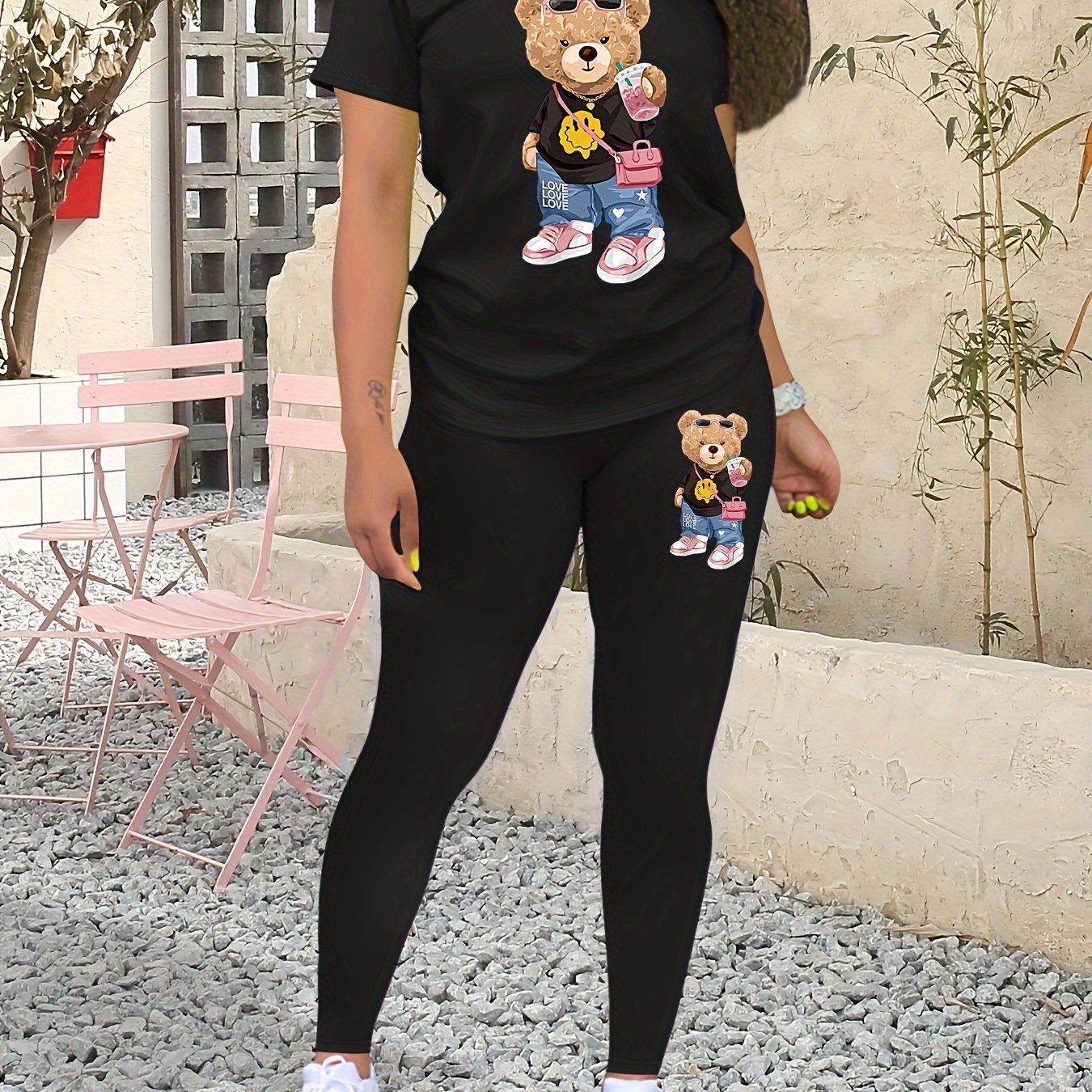 Casual Teddy Bear Print Two-piece, Crew Neck Short Sleeve T-shirt & Skinny Leggings Outfits, Women's Clothing - Image 12