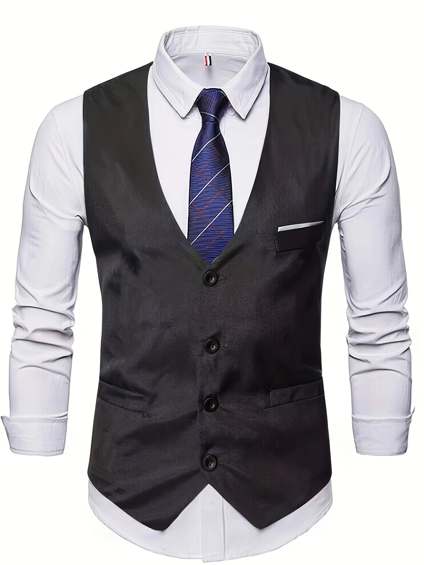 V Neck Smart Suit Vest, Men's Casual Retro Style Solid Color Single Breasted Waistcoat For Wedding Dinner Suit Match - Image 3