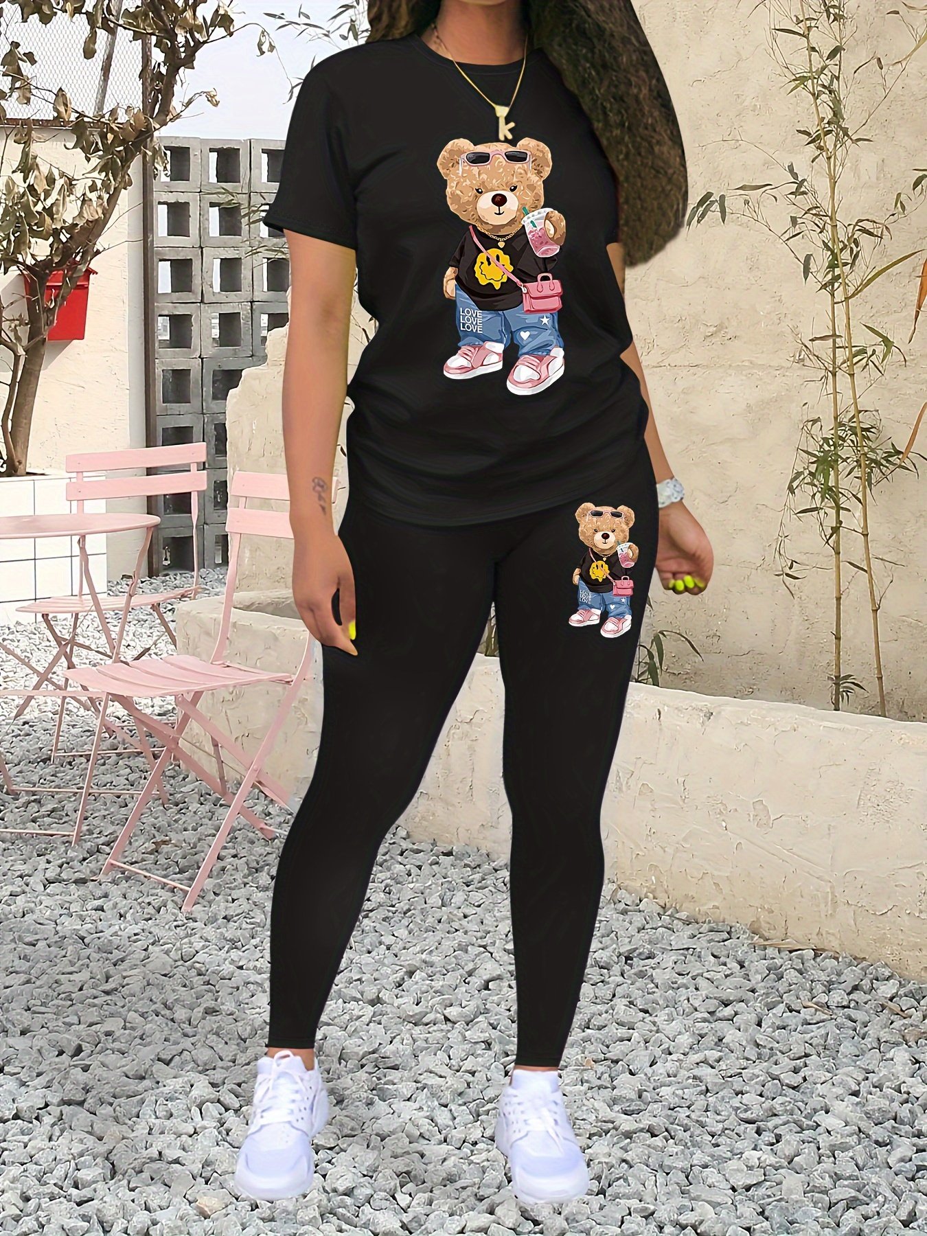 Casual Teddy Bear Print Two-piece, Crew Neck Short Sleeve T-shirt & Skinny Leggings Outfits, Women's Clothing - Image 3