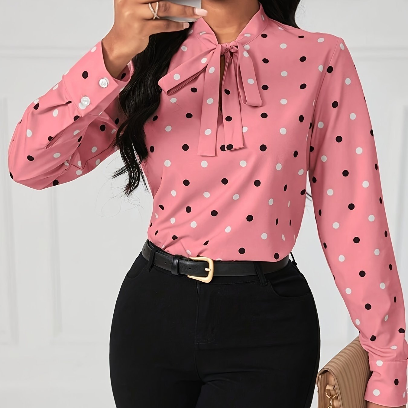 Polka-dot Print Tie Neck Blouse, Elegant Long Sleeve Top For Spring & Fall, Women's Clothing - Image 6