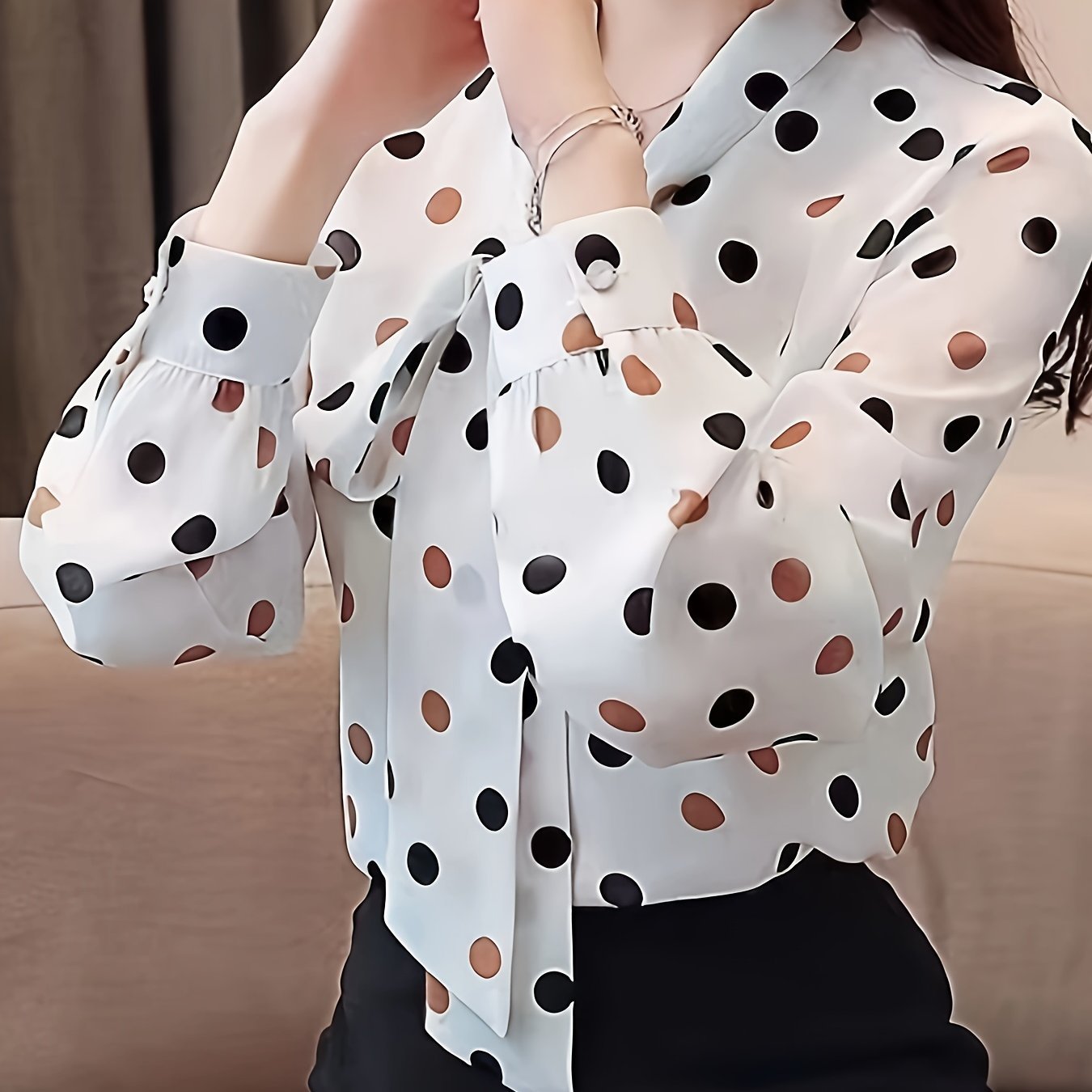 Polka-dot Print Tie Neck Blouse, Casual Long Sleeve Top For Spring & Fall, Women's Clothing - Image 4