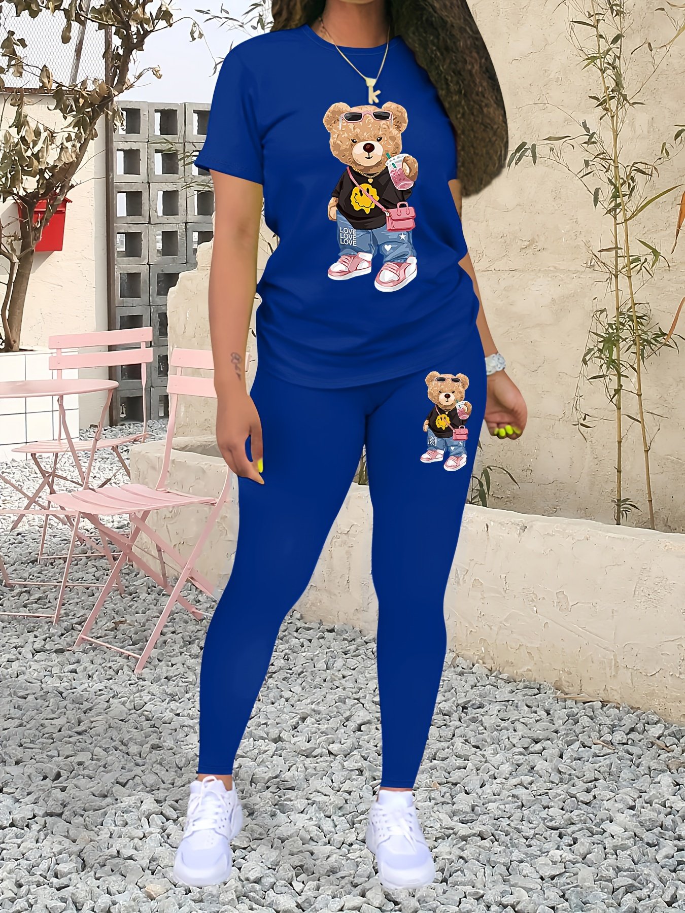 Casual Teddy Bear Print Two-piece, Crew Neck Short Sleeve T-shirt & Skinny Leggings Outfits, Women's Clothing - Image 2