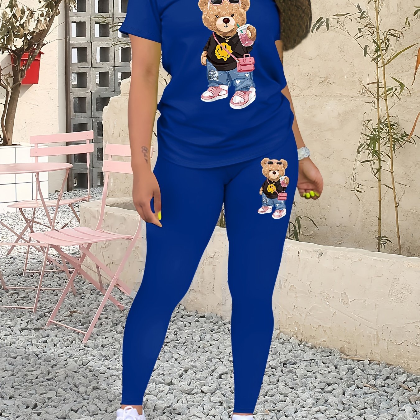 Casual Teddy Bear Print Two-piece, Crew Neck Short Sleeve T-shirt & Skinny Leggings Outfits, Women's Clothing - Image 11
