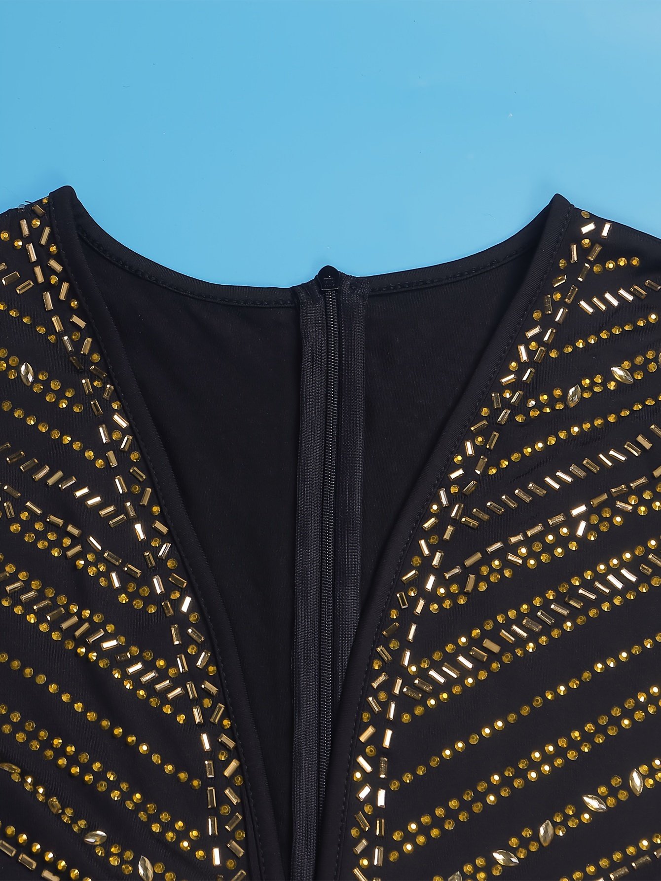 Plus Size Rhinestone Skinny Jumpsuit, Sexy Deep V Neck Long Sleeve Jumpsuit For Party & Club, Women's Plus Size Clothing - Image 7