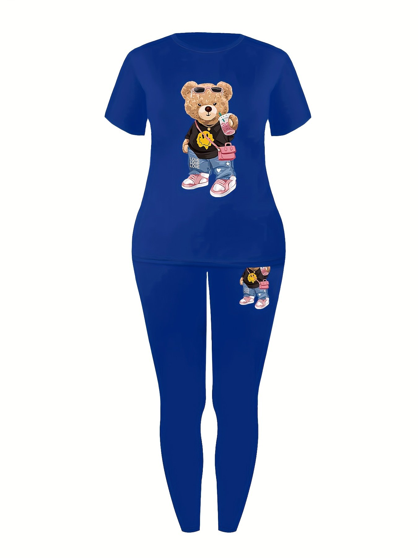 Casual Teddy Bear Print Two-piece, Crew Neck Short Sleeve T-shirt & Skinny Leggings Outfits, Women's Clothing - Image 5